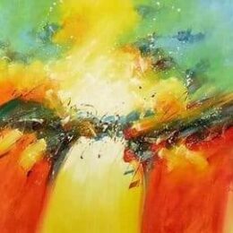 Tableau peinture abstrait orange jaune vert