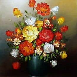 Peinture réaliste fleurs rouges jaunes