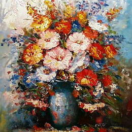 Peinture toile bleue bouquets de fleurs