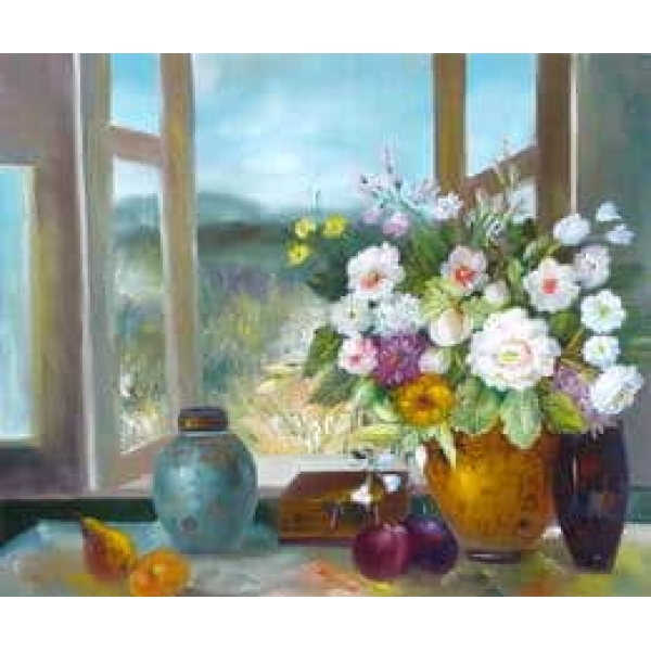 Tableau bouquet de fleurs devant une fenêtre CE145 1371644758
