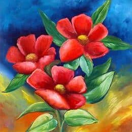 Tableau de fleurs rouges dans un décor bleu