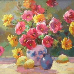 Peinture bouquets fleurs jaunes roses