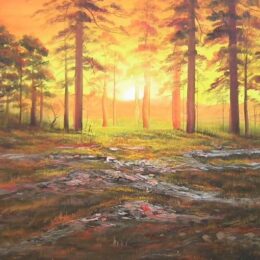 Peinture coucher soleil forêt de pins