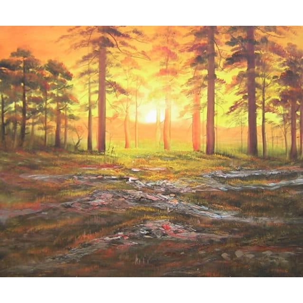 Peinture coucher soleil forêt de pins HS0424 1354116993