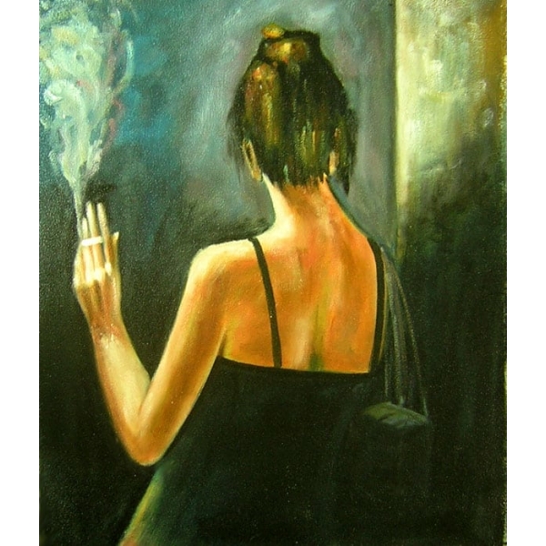 Peinture femme en robe noire fumant une cigarette HS1091 1340615332