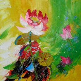 Toile verte jaune fleur rose