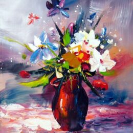 Peinture abstraite bouquet de fleurs dans un décor parme