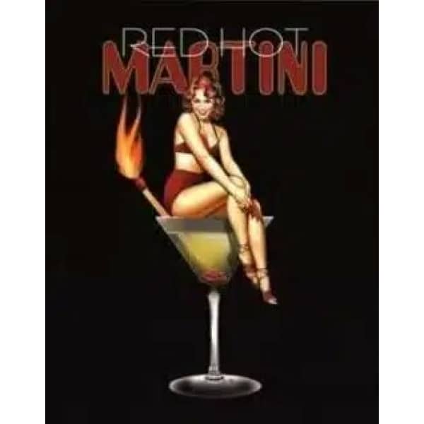 Tableau MARTINI écrit en rouge sur fond noir, une femme en maillot rouge dans un verre à cocktail et une allumette enflammée