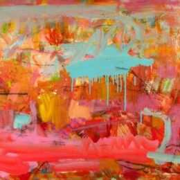 Toile abstraite rose orange bleu ciel