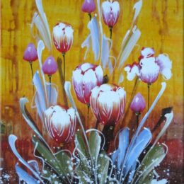 Tableau orange bouquet fleurs mauves