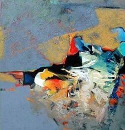 Toile abstraite grise bleue reflets jaunes