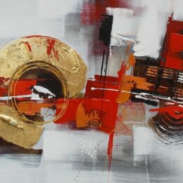 Tableau panoramique gris rouge cercle or abstrait