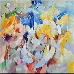 Peinture abstraite grise effets bleus et jaunes