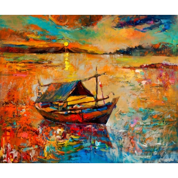 Petit bateau de pêche Chinois au crépuscule peinture bateaux 3694FC3807