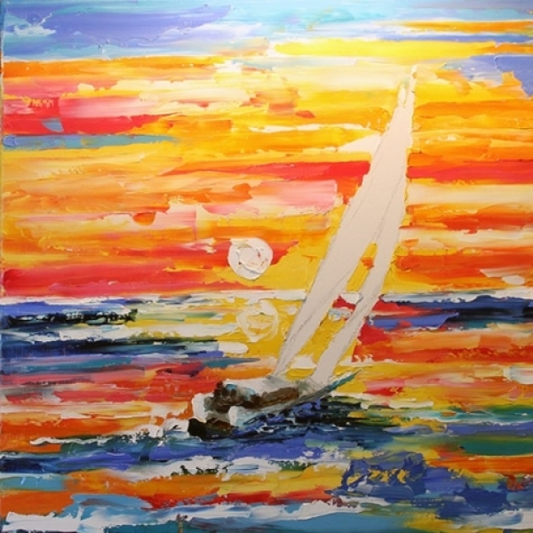 Voilier en mer coucher de soleil peinture bateaux 3840 FC3840