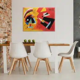 tableau abstrait kandinsky dans une cuisine moderne près d'un mur en briques rouges.