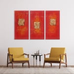 tableau triptyque abstrait orange dans un salon moderne au dessus de deux fauteuils jaune moutarde.