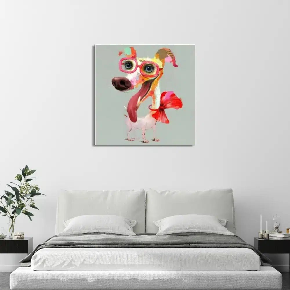 Tableau petit chien rose pop art avec des lunettes et des yeux bleus, un petit nœud rouge autour du cou, accroché au-dessus d'un lit, 2tables de chevet noir avec un vase et des fleurs sur celle de gauche
