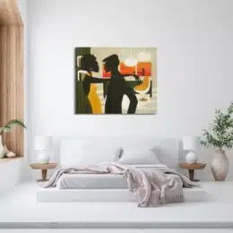 Tableau d'un couple afro dans un décor vintage, accrcohé au-dessus d'un lit avec 2 tables de chevet en bois avec 2 lampes blanches, un plaid rose tombant du bout du lit, une plante verte dans un pot en terre sur la droite