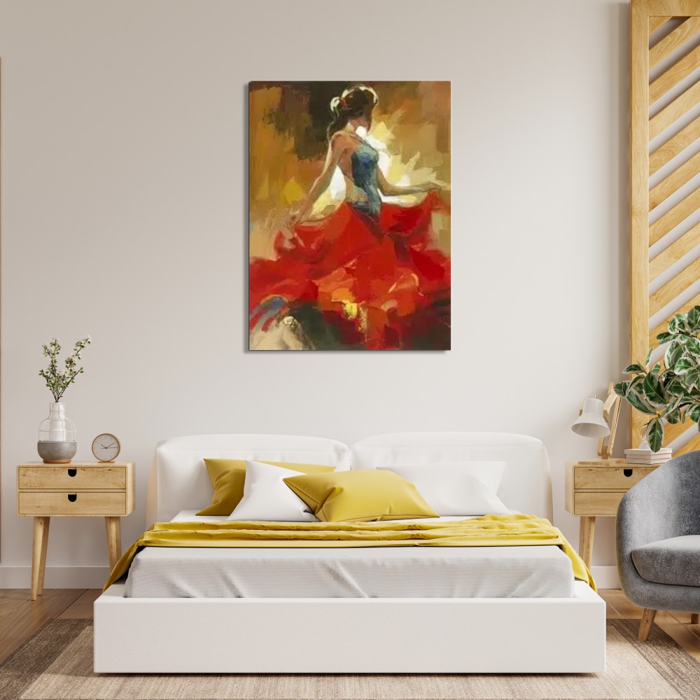 Peinture moderne danseuse de flamenco Tableau d'une danseuse de flamenco avec une jupe ample rouge et un bustier bleu, les cheveux attachés et la tête tourné, accrcohé au-dessus d'un lit avec 2 tables de chevet en bois, un vase avec des fleurs, un réveil à gauche, à droite un fauteuil gris et une lampe sur la table de chevet
