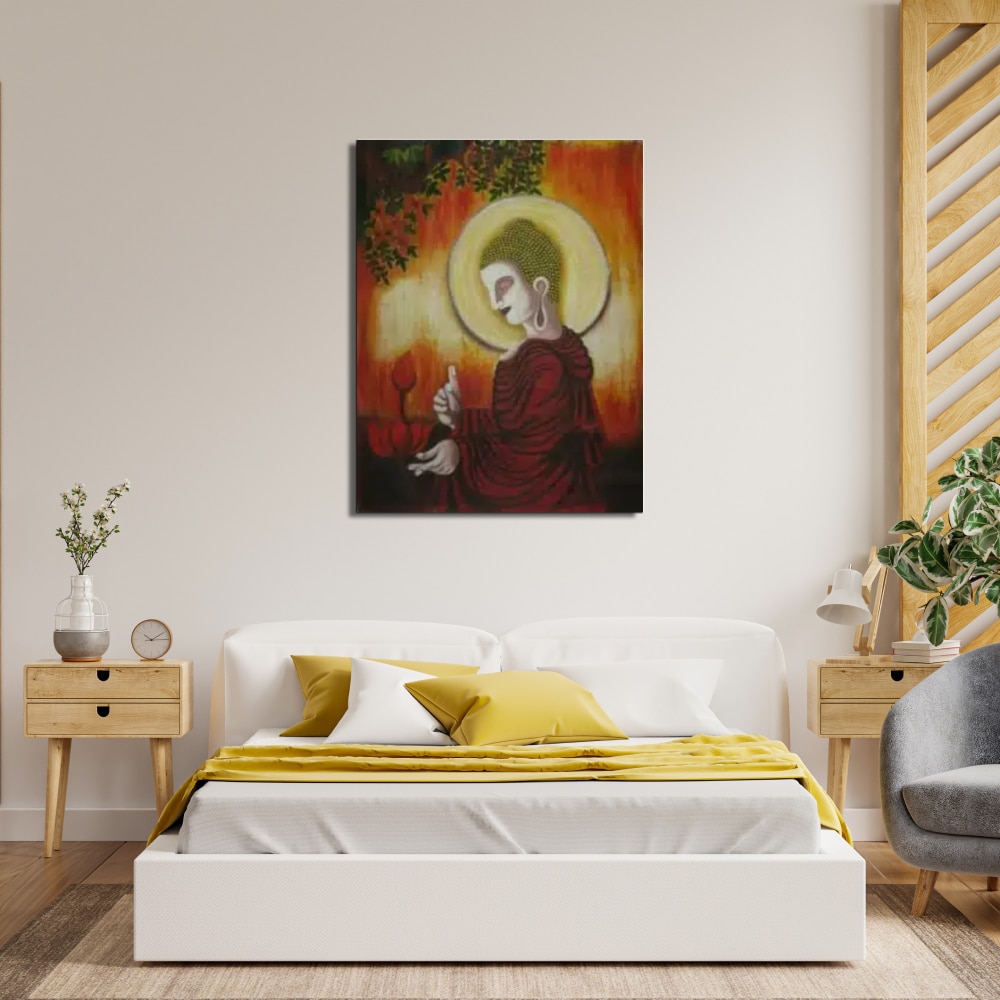 Peinture bouddha fleur de lotus Tableau de bouddha de profil dans les tons rouge, noir, beige, accroché au-dessus d'un lit avec une parure blanc et jaune moutarde, 2 tables de chevet en bois avec tiroirs de chaque côté, à gauche un vase avec des fleurs, un réveil et à droite une lampe avec un fauteuil gris
