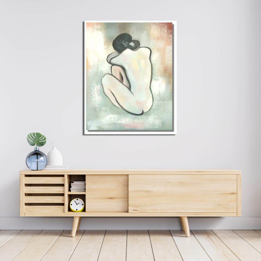 Tableau ésquisse femme nue de dos Tableau dans les tons clairs d'une femme nue assise de dos accroché au-dessus d'un lit avec 2 tables de chevet dont une plante posée sur celle de gauche