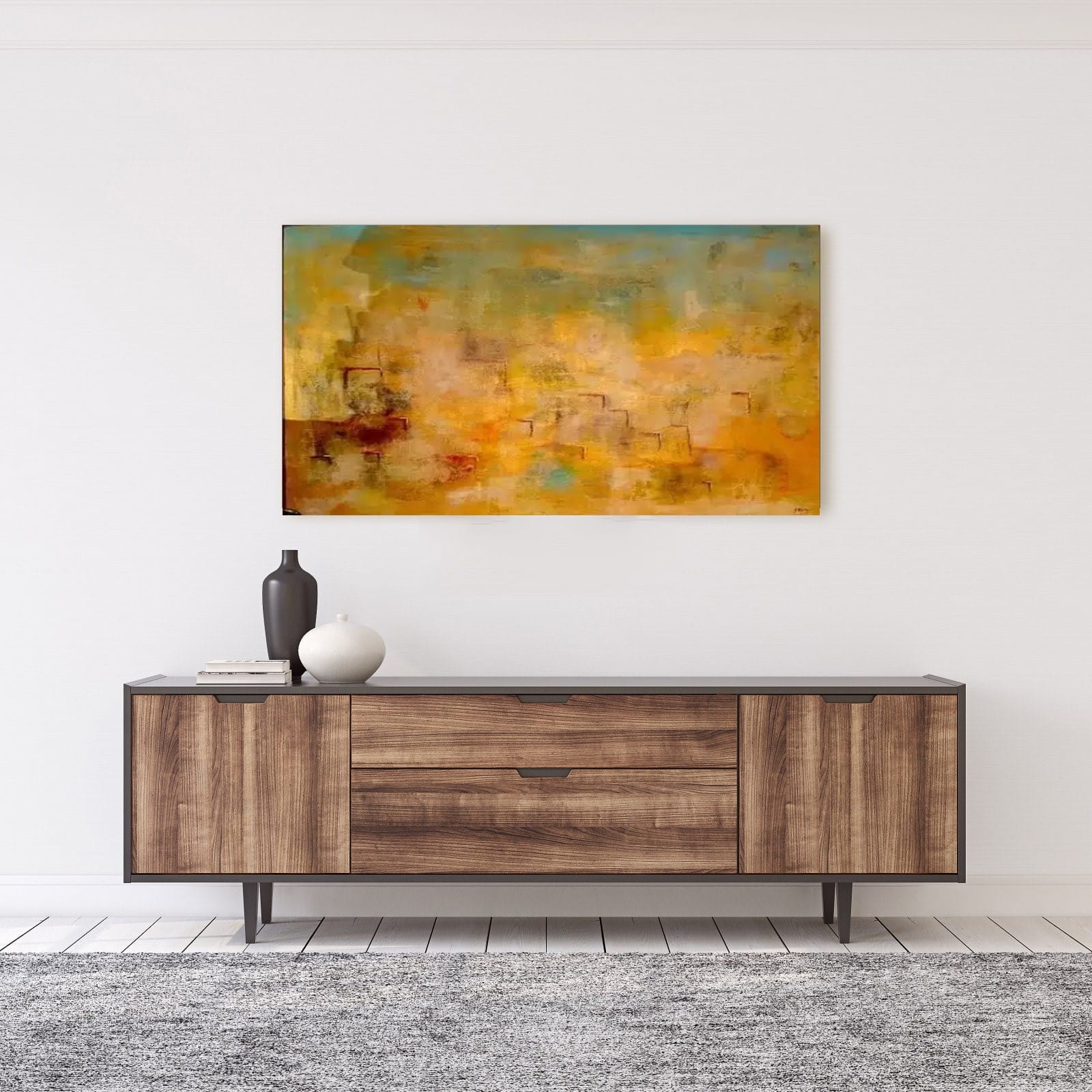 Peinture toile abstraite jaune bleue Tableau peinture abstraite jaune bleue, accrochée sur un mur avec une table dans une maison