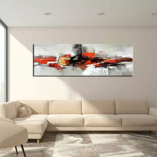 Tableau panoramique gris rouge noir abstrait. Bonne qualité, original, accrochée sur un mur au-dessus d'un canapé dans un salon