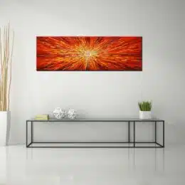 Tableau panoramique orange abstrait. Bonne qualité, très original, accrochée sur un mur au-dessus d'une table dans une maison