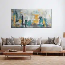 Tableau panoramique gris abstrait gris et bleu scandinave. Bonne qualité, très original, accrochée sur un mur au dessus d'un canapé avec une table basse dans une maison