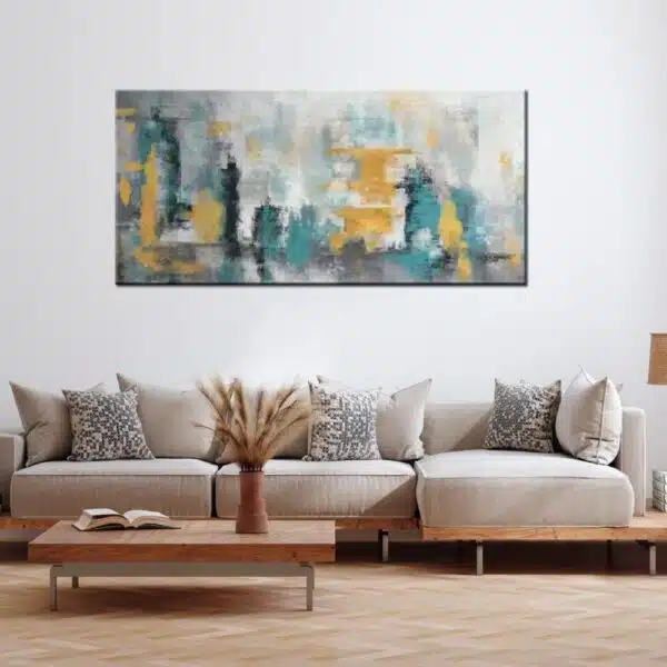 Tableau panoramique gris abstrait gris et bleu scandinave. Bonne qualité, très original, accrochée sur un mur au dessus d'un canapé avec une table basse dans une maison