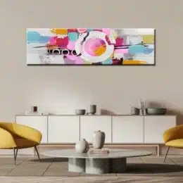 Tableau panoramique rose bleu blanc abstrait. Bonne qualité, très original, accrochée sur un mur au dessus d'une table dans un salon avec deux chaises et une table basse