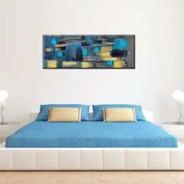 Tableau peinture sur toile panoramique gris bleu jaune effets au couteau.Bonne qualité, très original, accrochée sur un mur au-dessus d'un lit dans une chambre