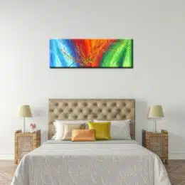 Tableau panoramique orange bleu vert abstrait. Bonne qualité, très original, accrochée sur un mur au-dessus d'un lit dans une maison
