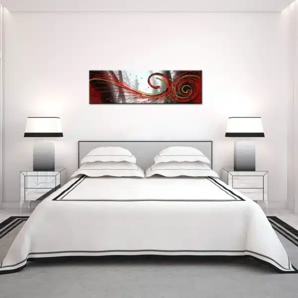 Tableau panoramique peinture abstrait gris-noir et rouge. Bonne qualité, très original, accrochée sur un mur au-dessus d'un lit dans une chambre