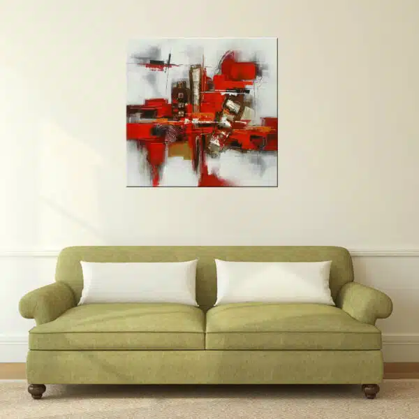 Tableau xxl abstrait gris et rouge orange, peinture huile sur toile. Accroché sur un mur avec un canapé dans une maison