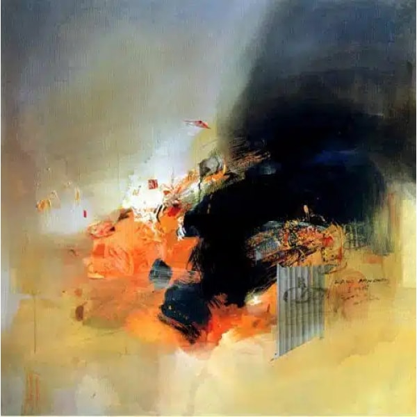 Peinture abstraite sur toile orange jaune et noire IMG 001 70