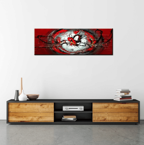 Tableau panoramique noir rouge blanc peinture abstraite. Bonne qualité, très original, accrochée sur un mur, au-dessus d'une table dans une maison