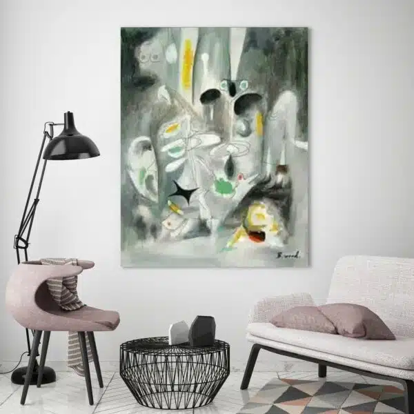 Peinture abstraite grise et verte. Tableau gris vert huile sur toile. Accrochée sur un mur avec un canapé et une table basse dans une maison