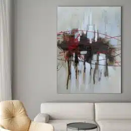 Peinture abstraite moderne grise et rouge. Peinture abstraite grise huile sur toile. Bonne qualité, confortable, accrochée sur un mur avec un canapé dans une maison
