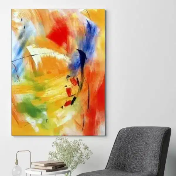 Peinture toile abstraite orange effets bleus IMG 002 118