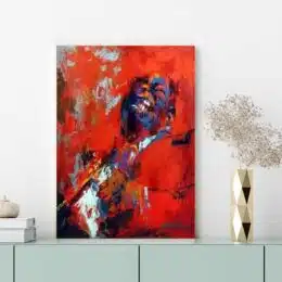 Peinture abstraite rouge bleu, accroché sur un mur dans un salon