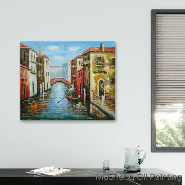 Tableau peinture sur toile canal et gondole Venise. Bonne qualité, très original, accrochée sur un mur au-dessus d'une table dans un salon.