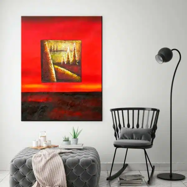 Peinture abstraite moderne rouge. Bonne qualité, très original, accrochée sur un mur au-dessus des chaises dans un salon