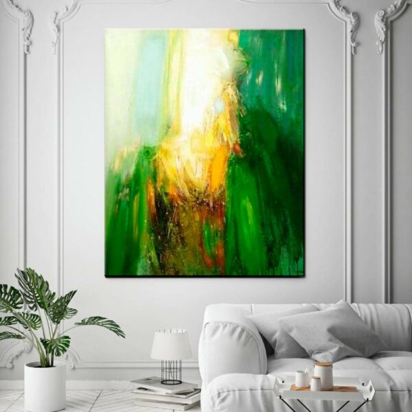 Peinture abstraite jaune et vert. Bonne qualité et original, accrochée sur un mur au-dessus d'un canapé dans un salon