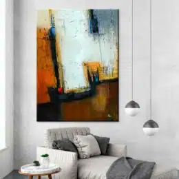 Peinture abstraite blanc marron. Bonne qualité, original, accrochée sur un mur au-dessus d'un canapé et une table dans une maison