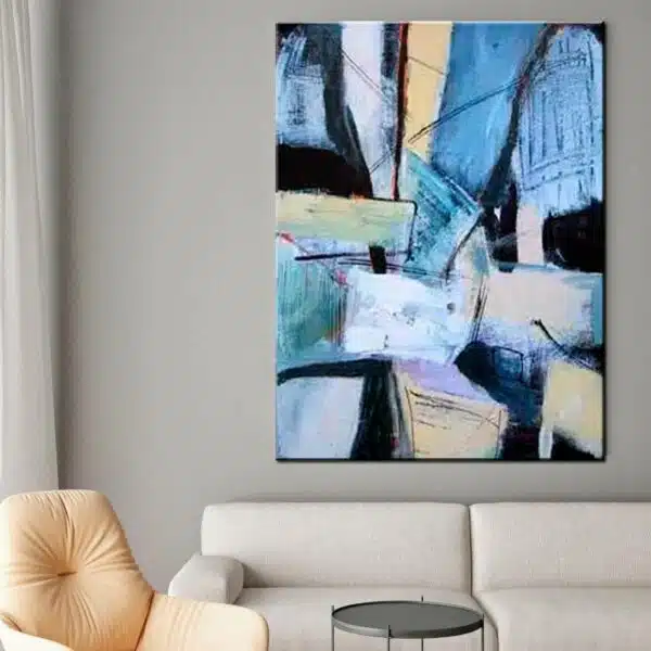 Peinture abstraite noir bleue moderne. Bonne qualité, original, accrochée sur un mur au-dessus d'un canapé dans une maison