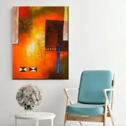 Peinture abstraite bleu orange. Bonne qualité, original, accrochée sur un mur au dessus d'une chaises et une table avec une vase dans une maison