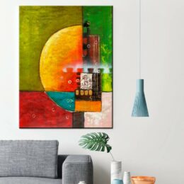 Peinture abstraite moderne jaune bleue verte. Bonne qualité, très original, accrochée sur un mur au-dessus d'un canapé et une table avec un vase dans une maison