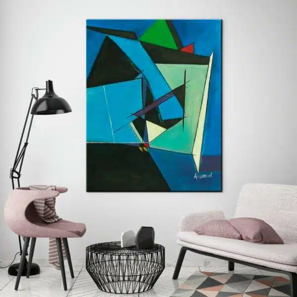 Peinture abstraite bleue moderne. Bonne qualité, très original, accrochée sur un mur au dessus d'un canapé et une table basse dans une maison.